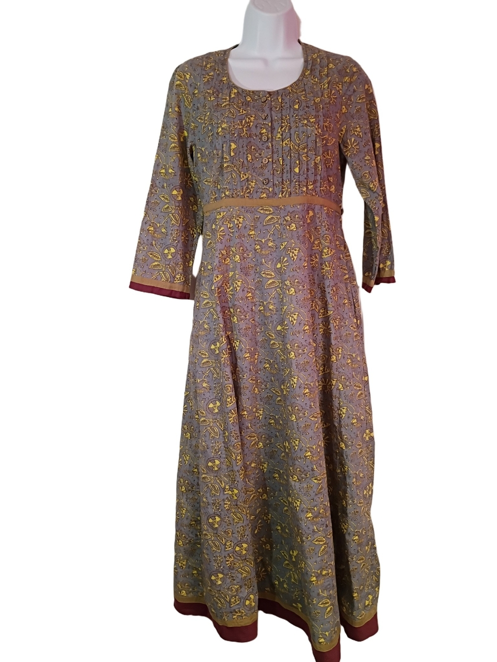 April Cornell Bohemian Maxi Dress with Gold Floral Print and Maroon Trim